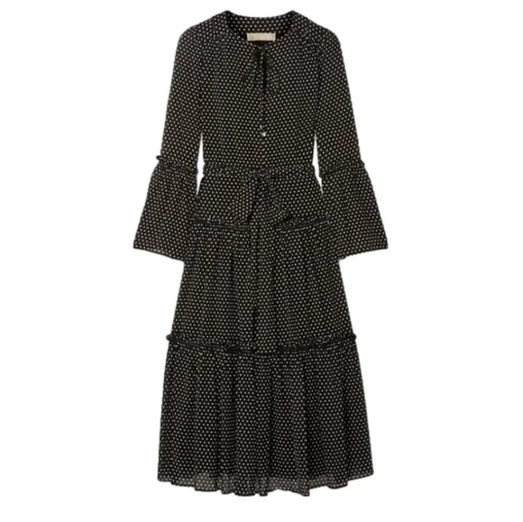 MICHAEL KORS Tiered Polka Dot Chiffon MIDI Dress Black - Picture 2 of 9